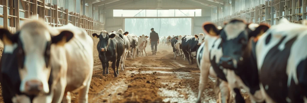 Un éleveur passe au milieu de son bétail dans une étable